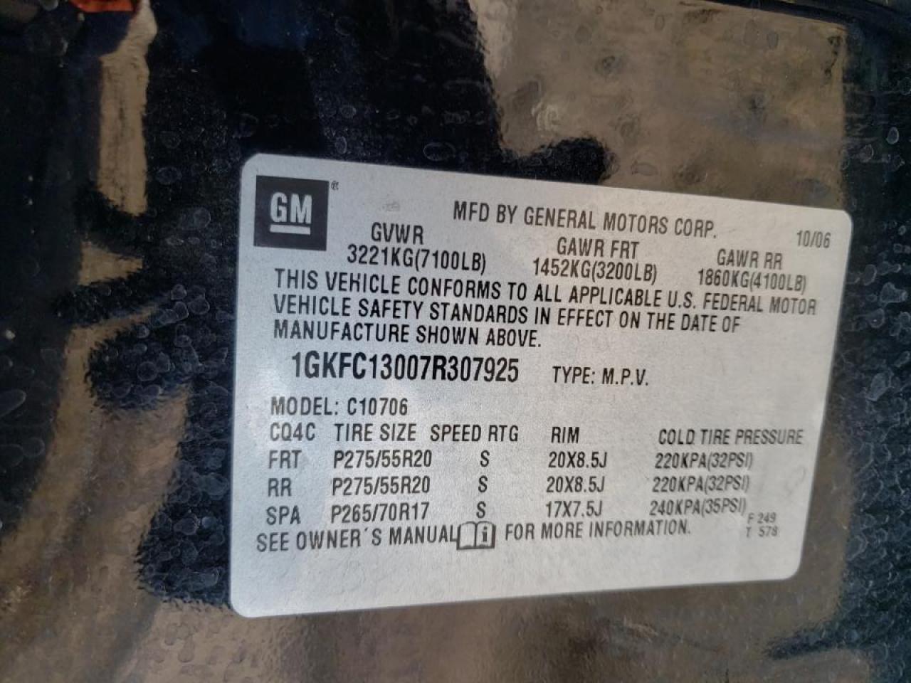 Photo 10 from auction – 2007 GMC YUKON with VIN 1GKFC13007R307925