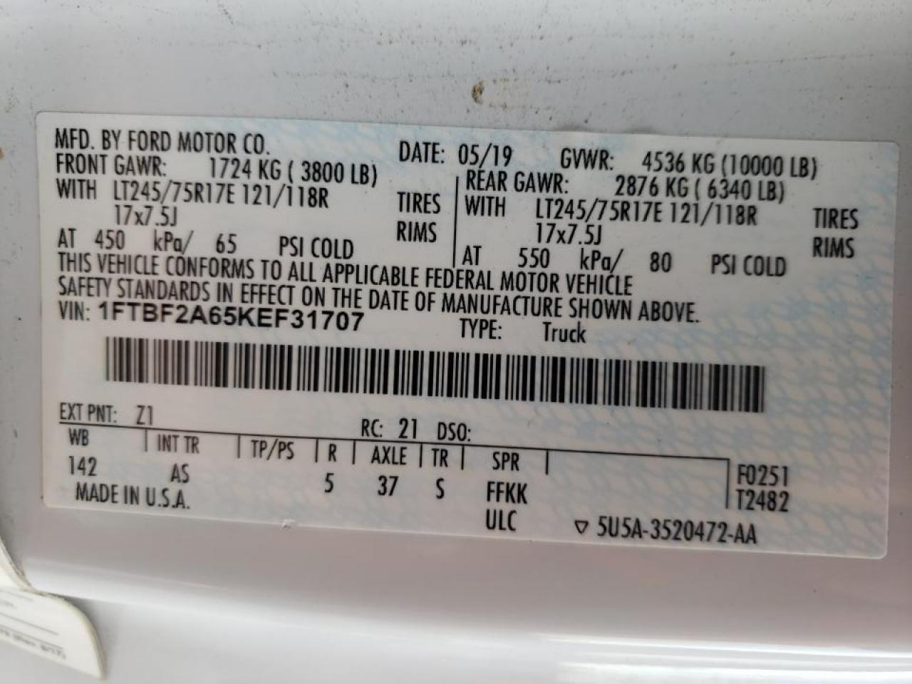 Photo 10 from auction – 2019 FORD F250 SUPER with VIN 1FTBF2A65KEF31707