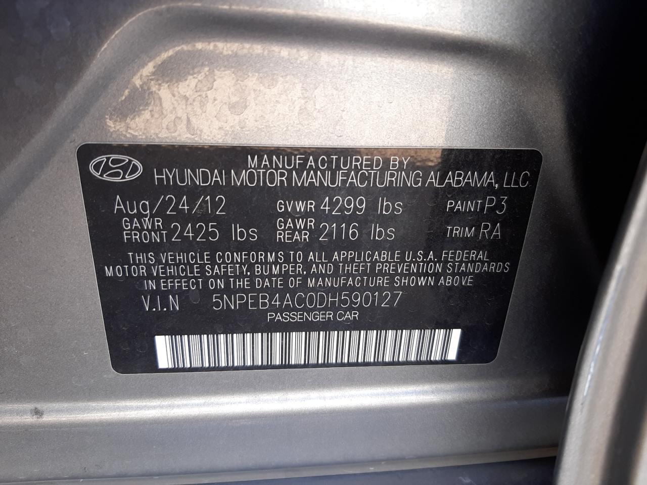Photo 10 from auction – 2013 HYUNDAI SONATA GLS with VIN 5NPEB4AC0DH590127