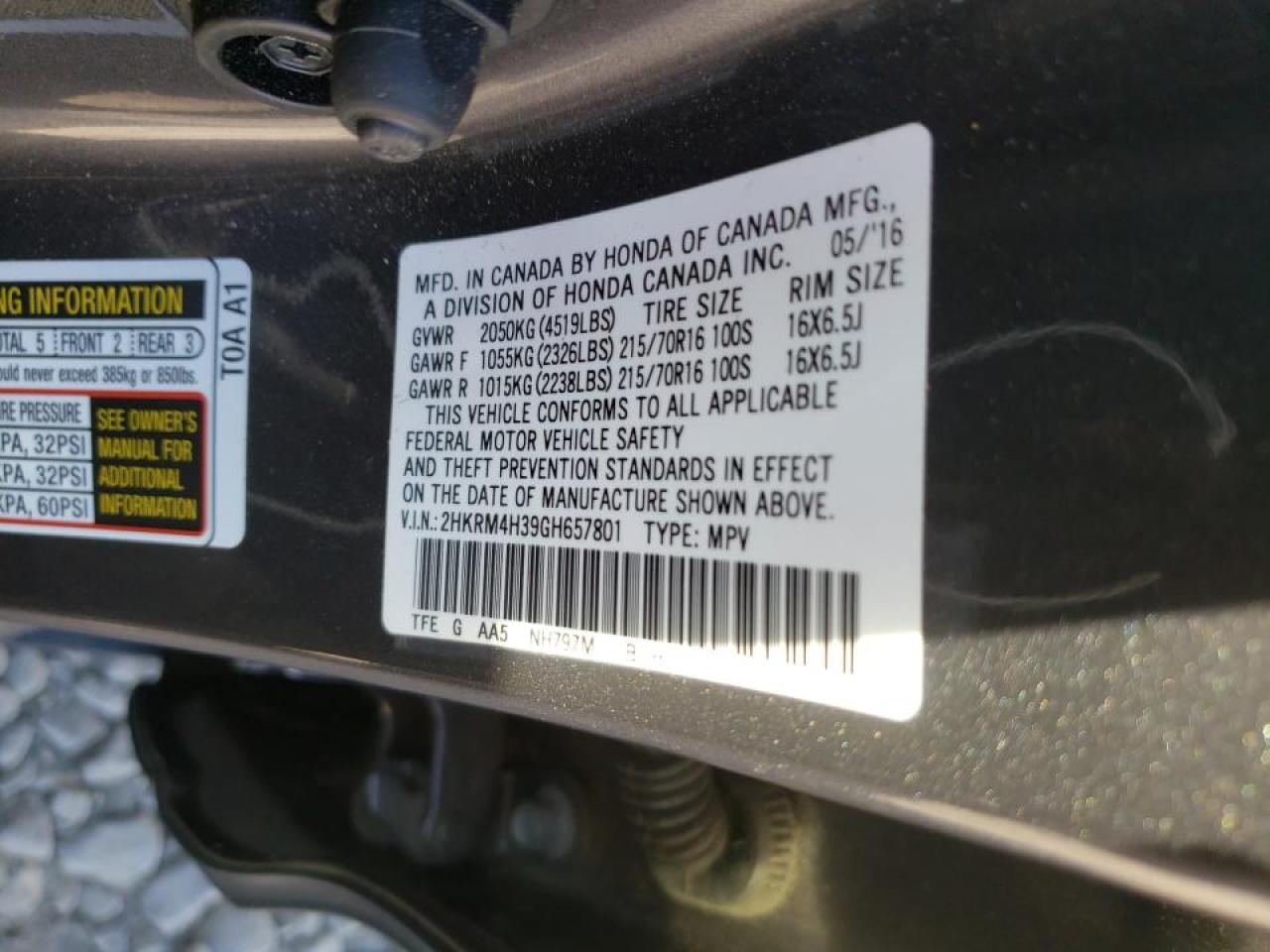 Photo 10 from auction – 2016 HONDA CR-V LX with VIN 2HKRM4H39GH657801