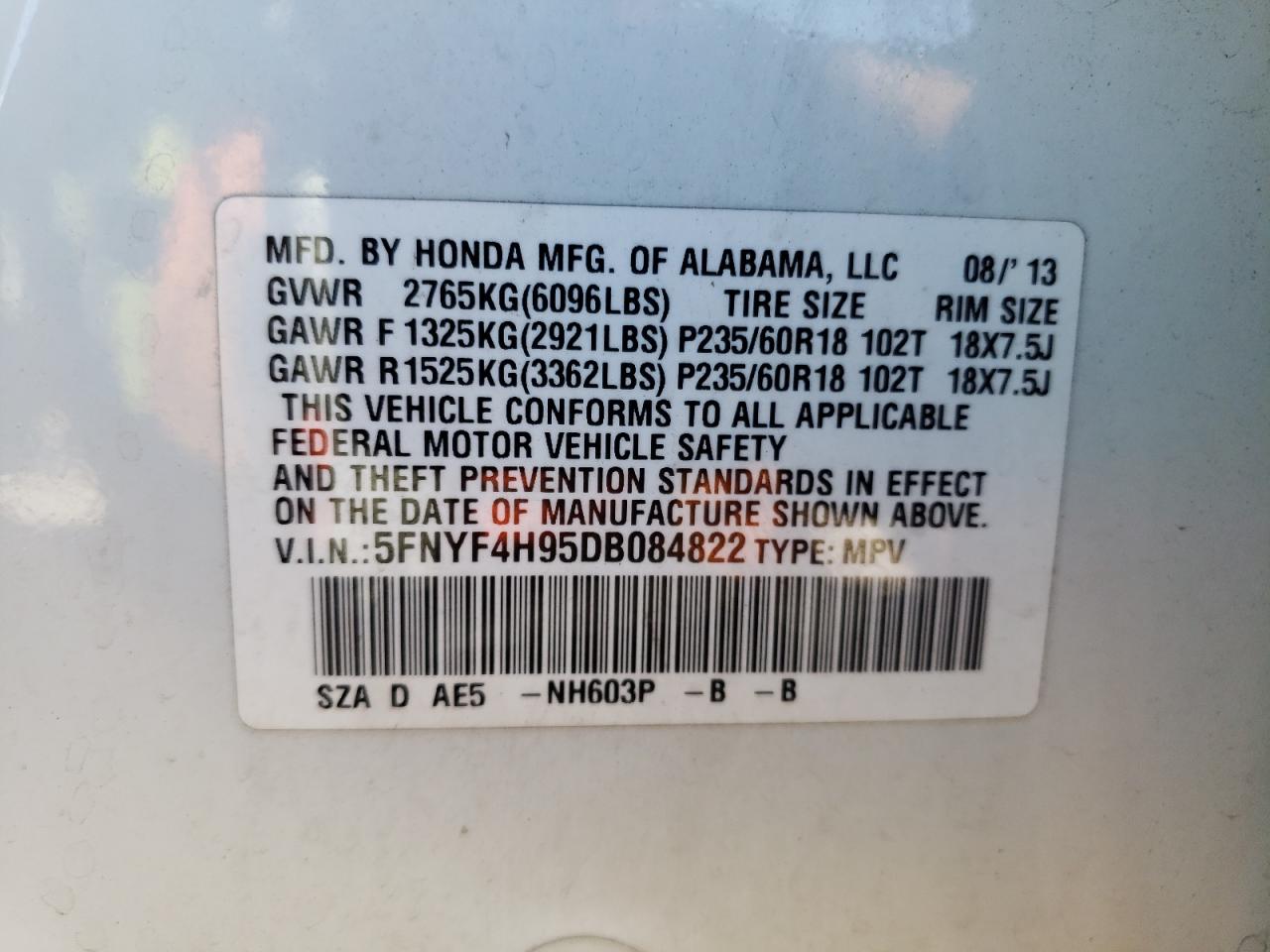 Photo 10 from auction – 2013 HONDA PILOT TOUR with VIN 5FNYF4H95DB084822
