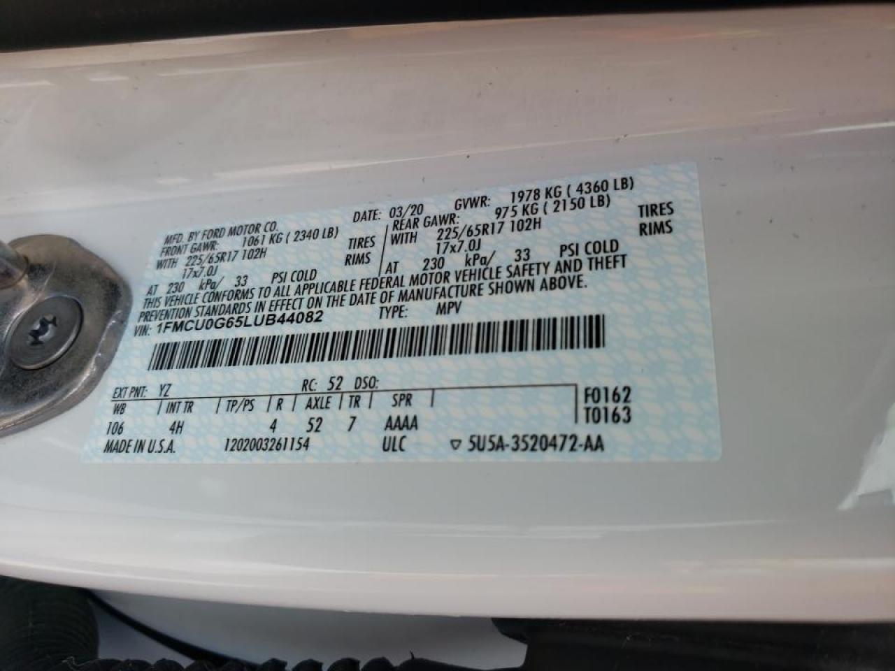 Photo 10 from auction – 2020 FORD ESCAPE SE with VIN 1FMCU0G65LUB44082
