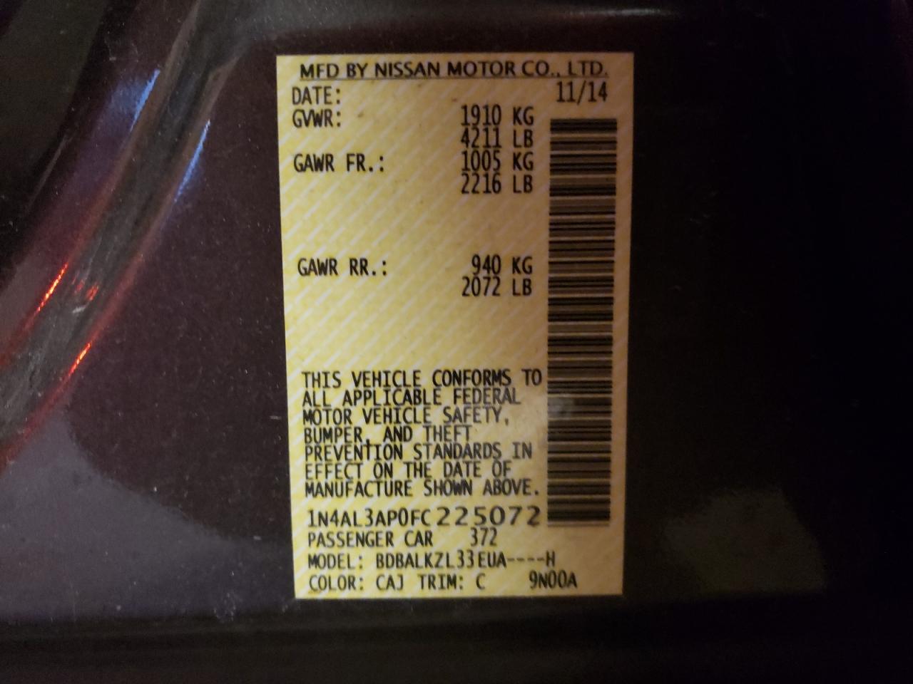Photo 10 from auction – 2015 NISSAN ALTIMA 2.5 with VIN 1N4AL3AP0FC225072