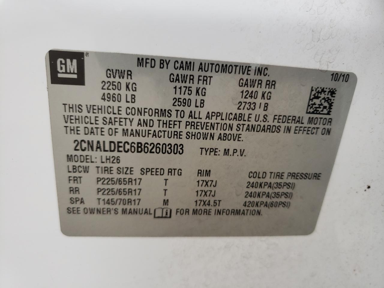 Photo 10 from auction – 2011 CHEVROLET EQUINOX LT with VIN 2CNALDEC6B6260303