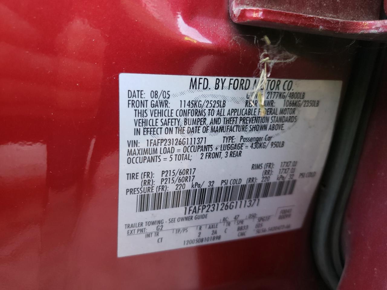 Photo 10 from auction – 2006 FORD FIVE HUNDR with VIN 1FAFP23126G111371
