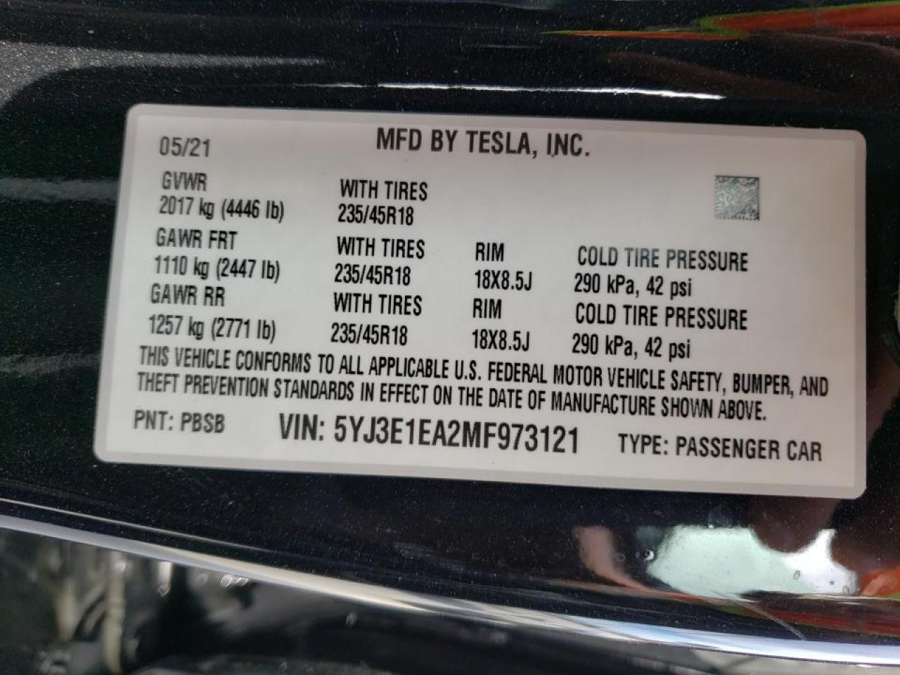 Photo 10 from auction – 2021 TESLA MODEL 3 with VIN 5YJ3E1EA2MF973121