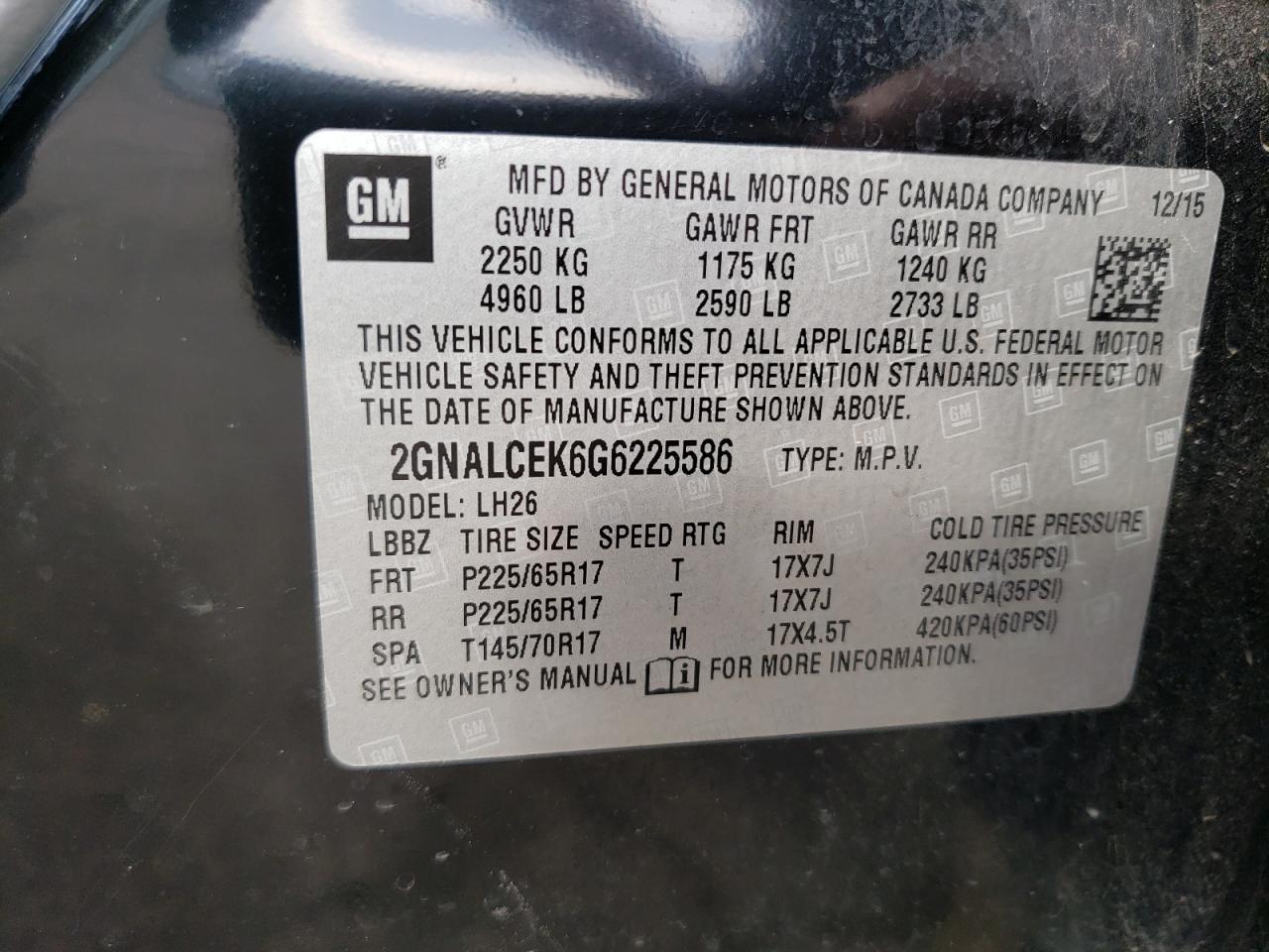 Photo 10 from auction – 2016 CHEVROLET EQUINOX LT with VIN 2GNALCEK6G6225586