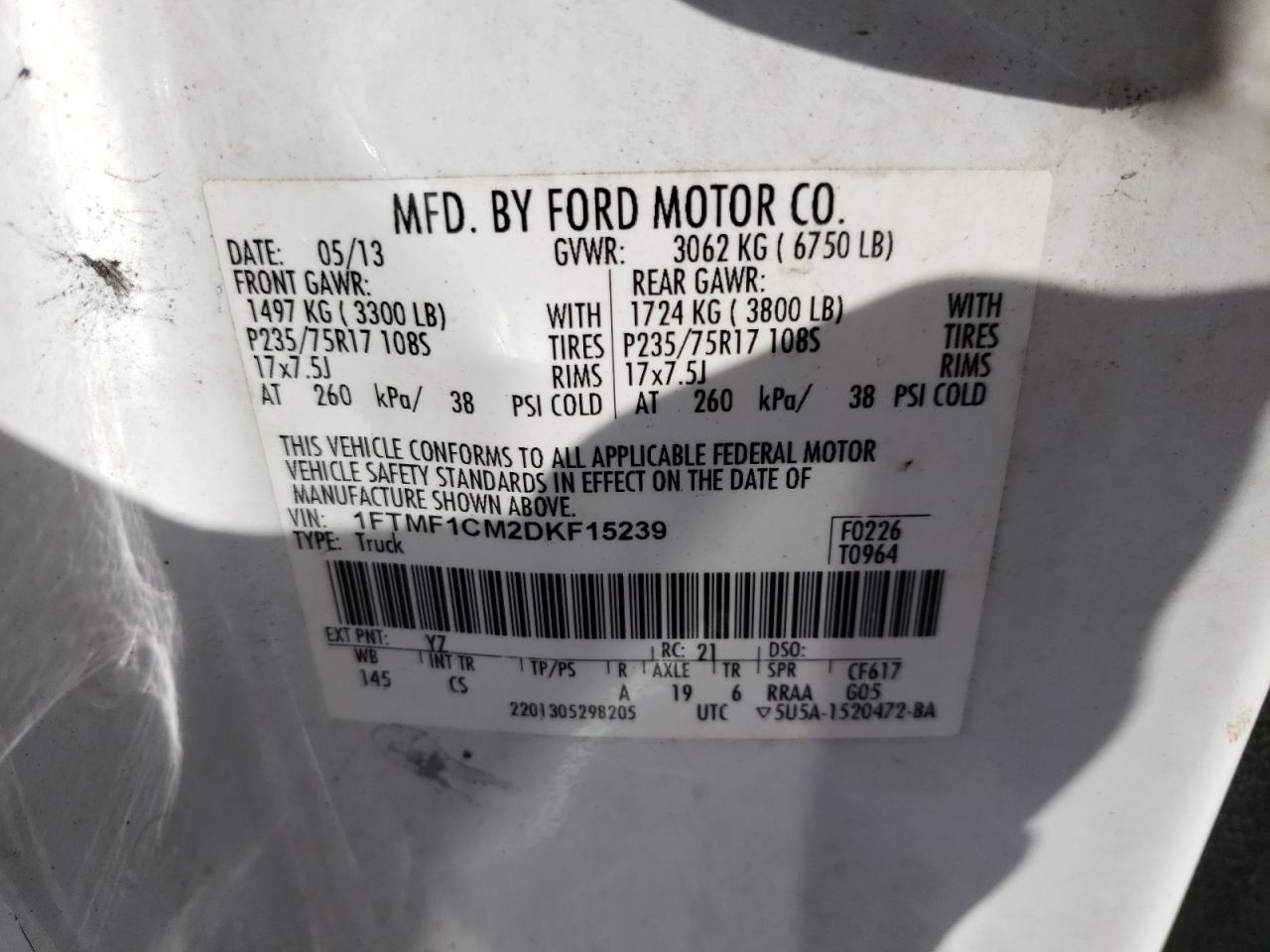 Photo 10 from auction – 2013 FORD F150 with VIN 1FTMF1CM2DKF15239