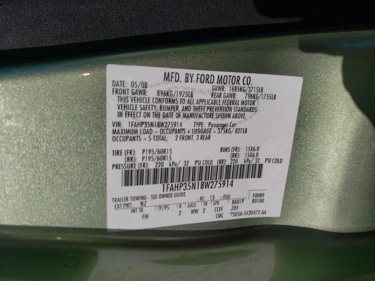 Photo 10 from auction – 2008 FORD FOCUS SE with VIN 1FAHP35N18W275914