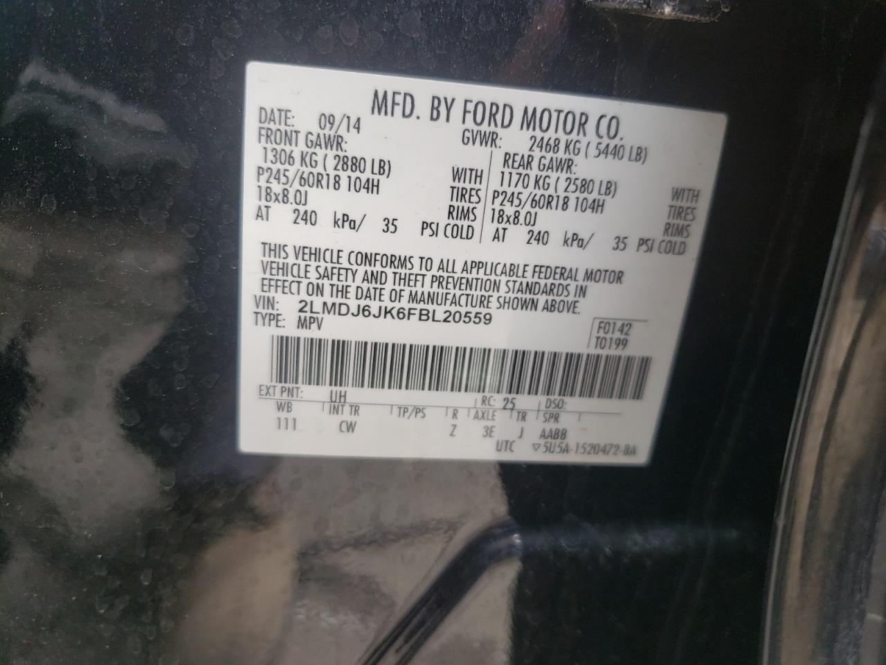 Photo 10 from auction – 2015 LINCOLN MKX with VIN 2LMDJ6JK6FBL20559