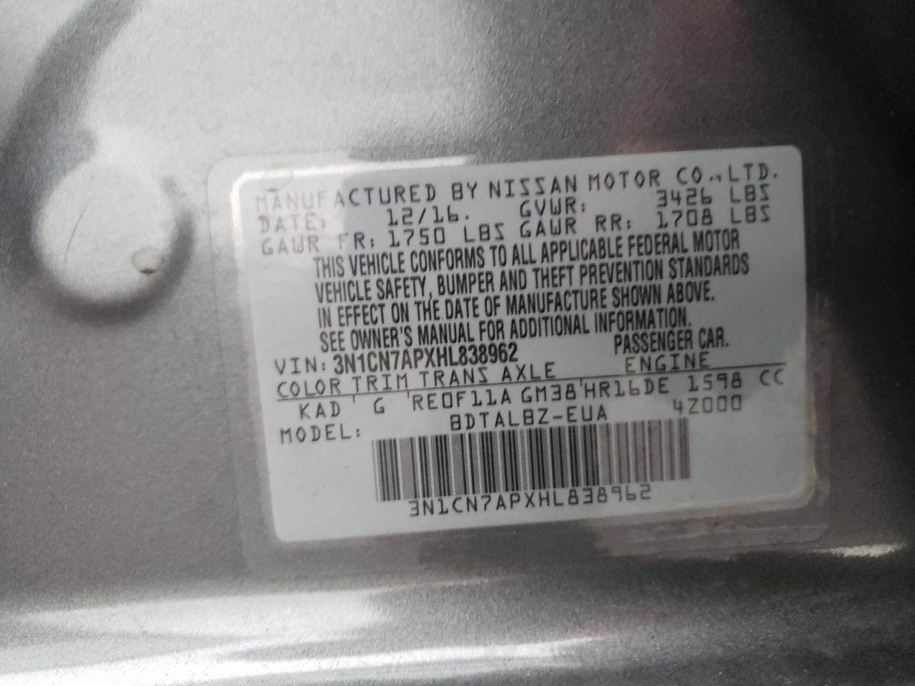 Photo 10 from auction – 2017 NISSAN VERSA S with VIN 3N1CN7APXHL838962