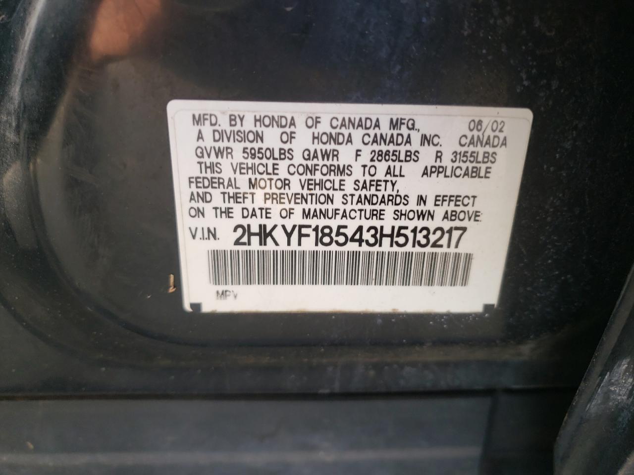 Photo 10 from auction – 2003 HONDA PILOT EXL with VIN 2HKYF18543H513217