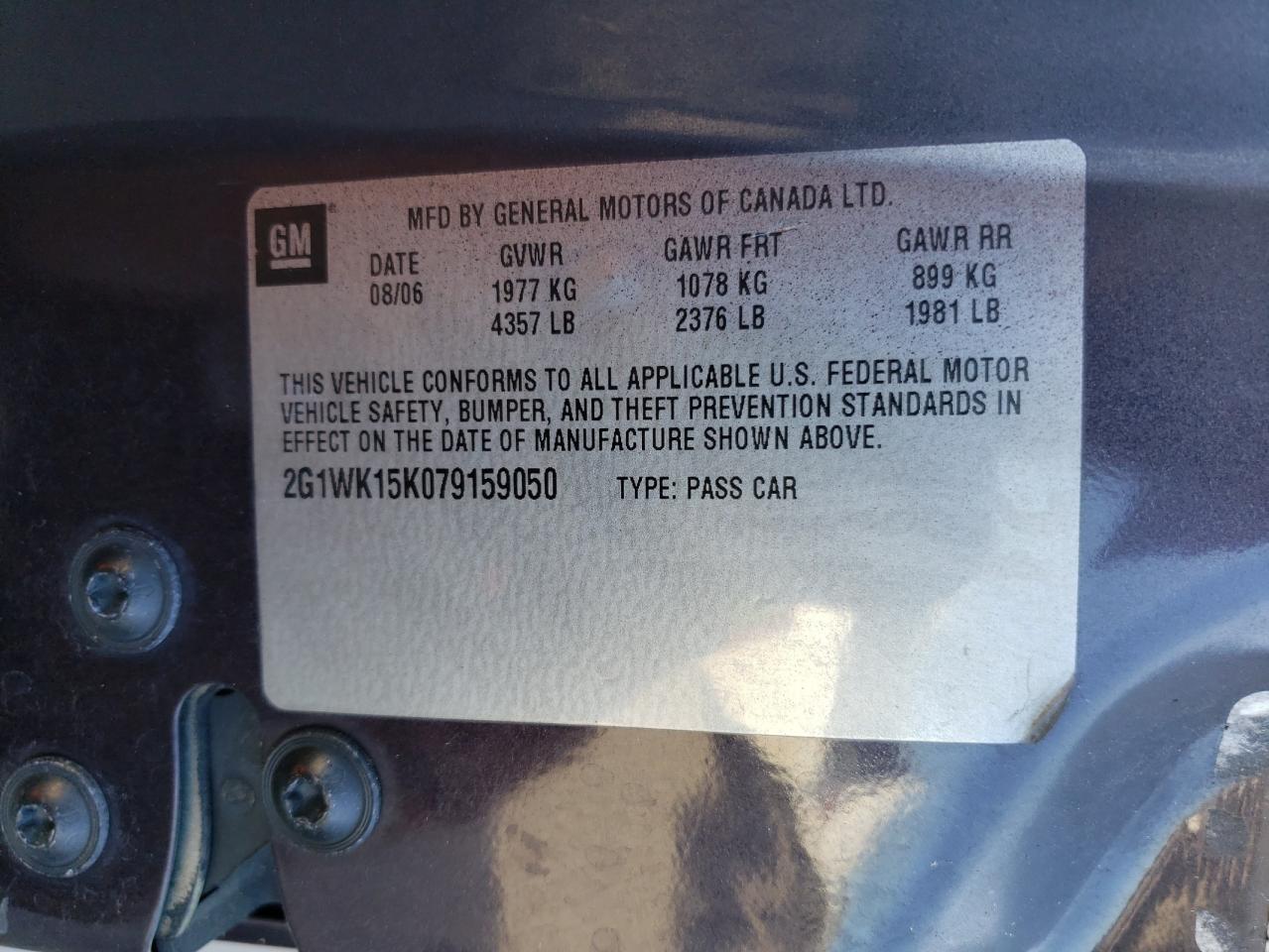 Photo 10 from auction – 2007 CHEVROLET MONTE CARL with VIN 2G1WK15K079159050