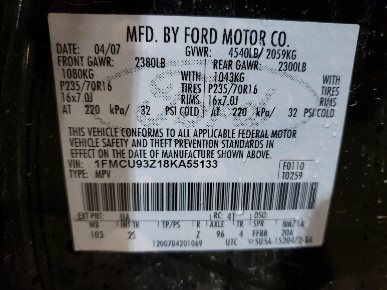 Photo 10 from auction – 2008 FORD ESCAPE XLT with VIN 1FMCU93Z18KA55133
