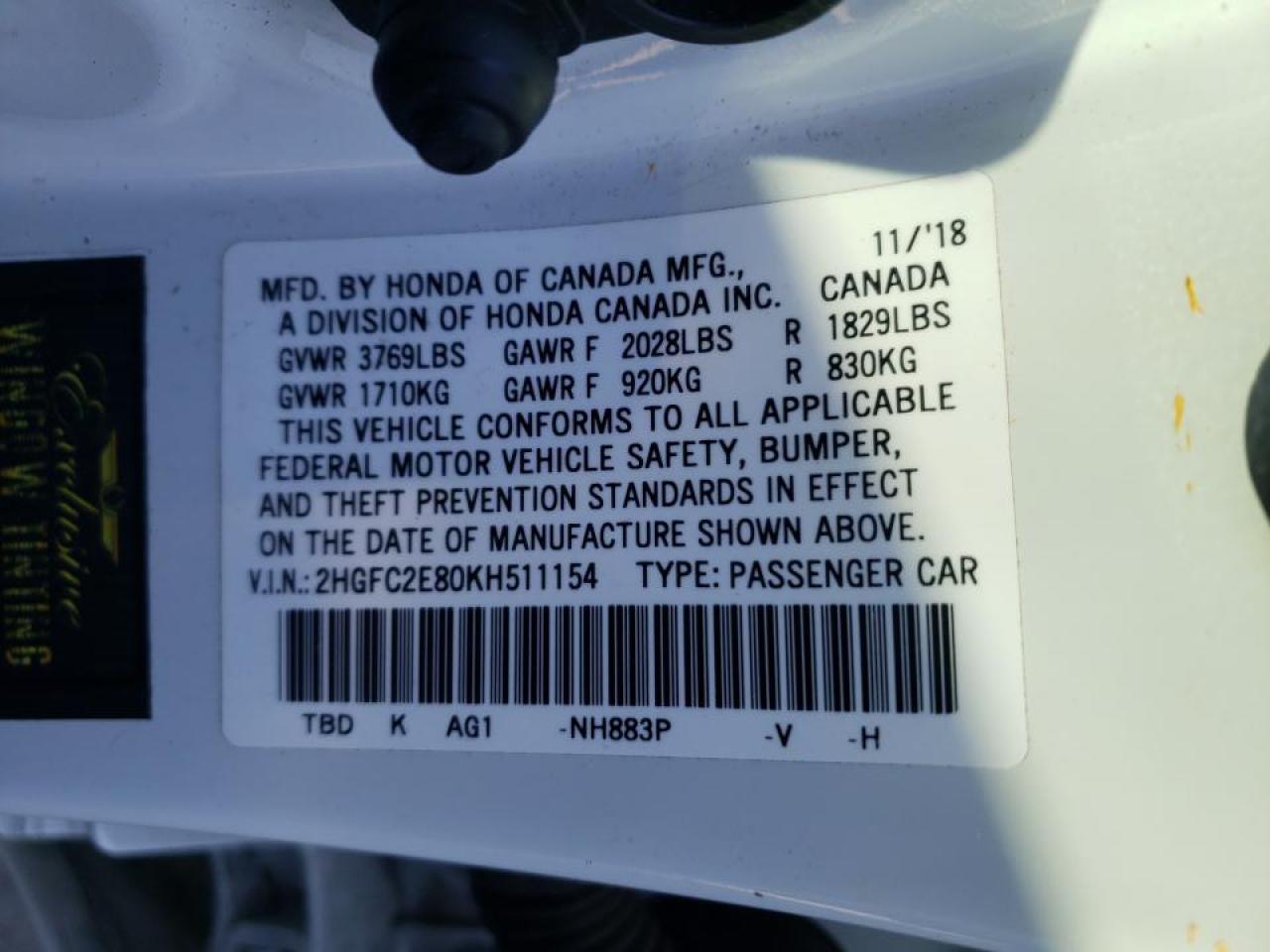 Photo 10 from auction – 2019 HONDA CIVIC SPOR with VIN 2HGFC2E80KH511154