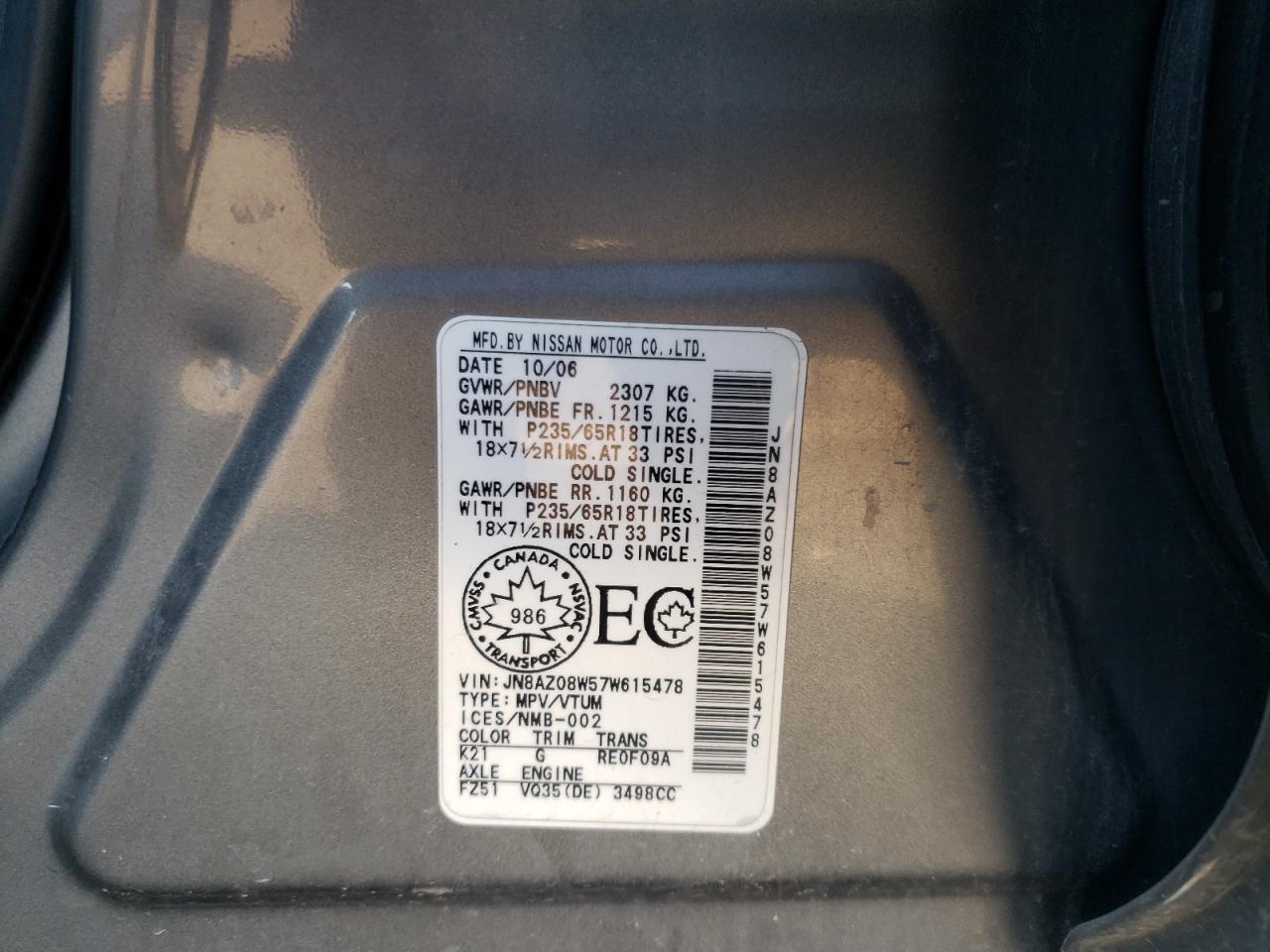 Photo 10 from auction – 2007 NISSAN MURANO SL with VIN JN8AZ08W57W615478