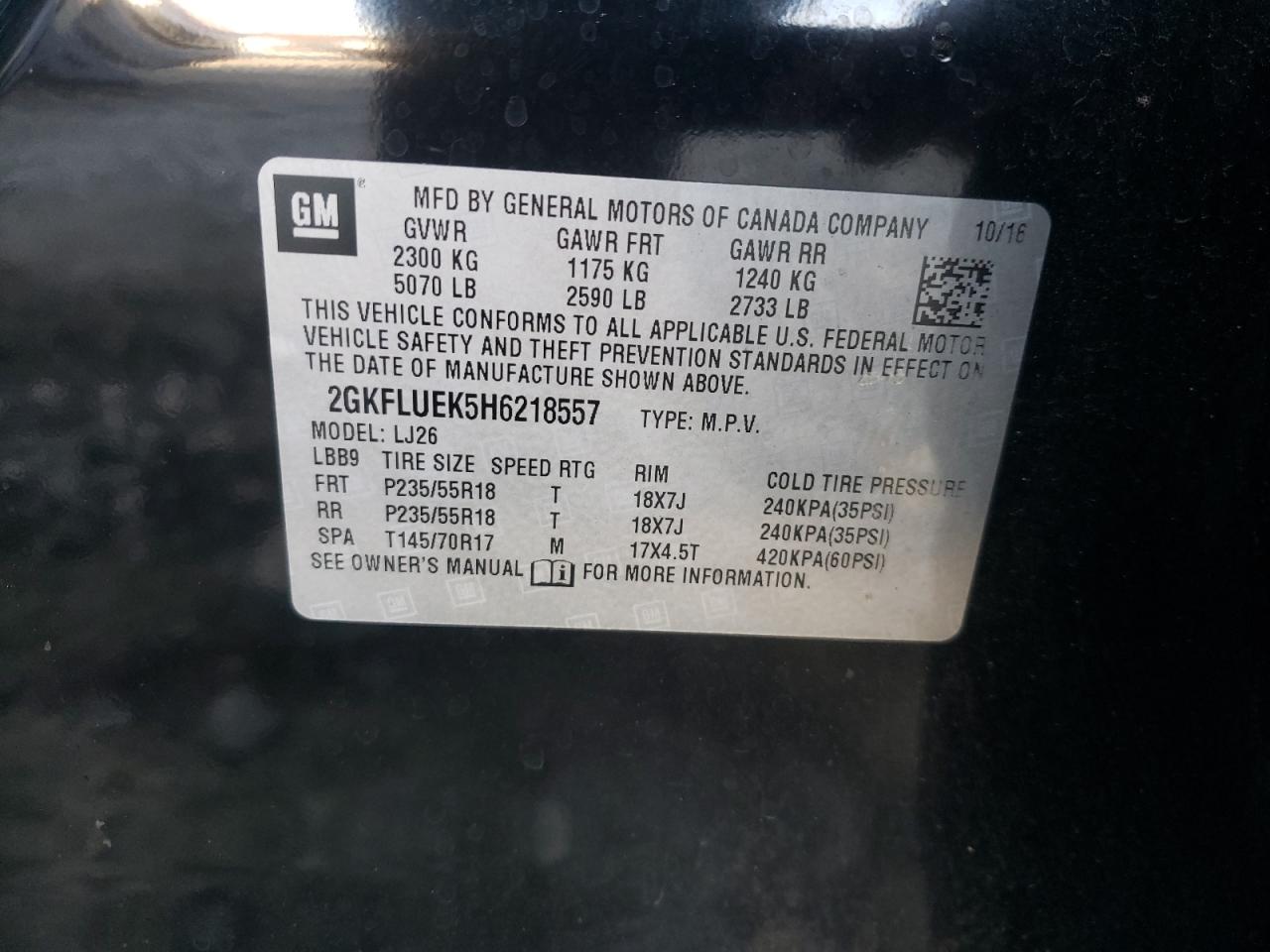 Photo 10 from auction – 2017 GMC TERRAIN SL with VIN 2GKFLUEK5H6218557