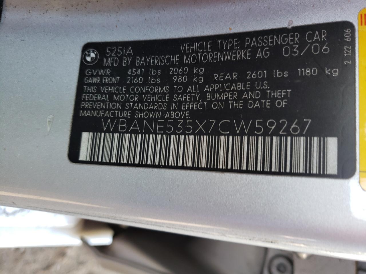 Photo 10 from auction – 2007 BMW 525 I with VIN WBANE535X7CW59267