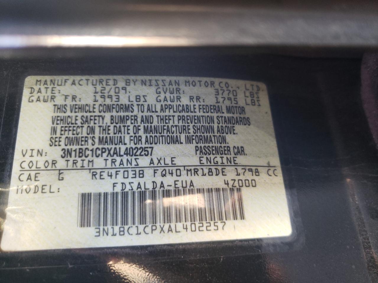 Photo 10 from auction – 2010 NISSAN VERSA with VIN 3N1BC1CPXAL402257