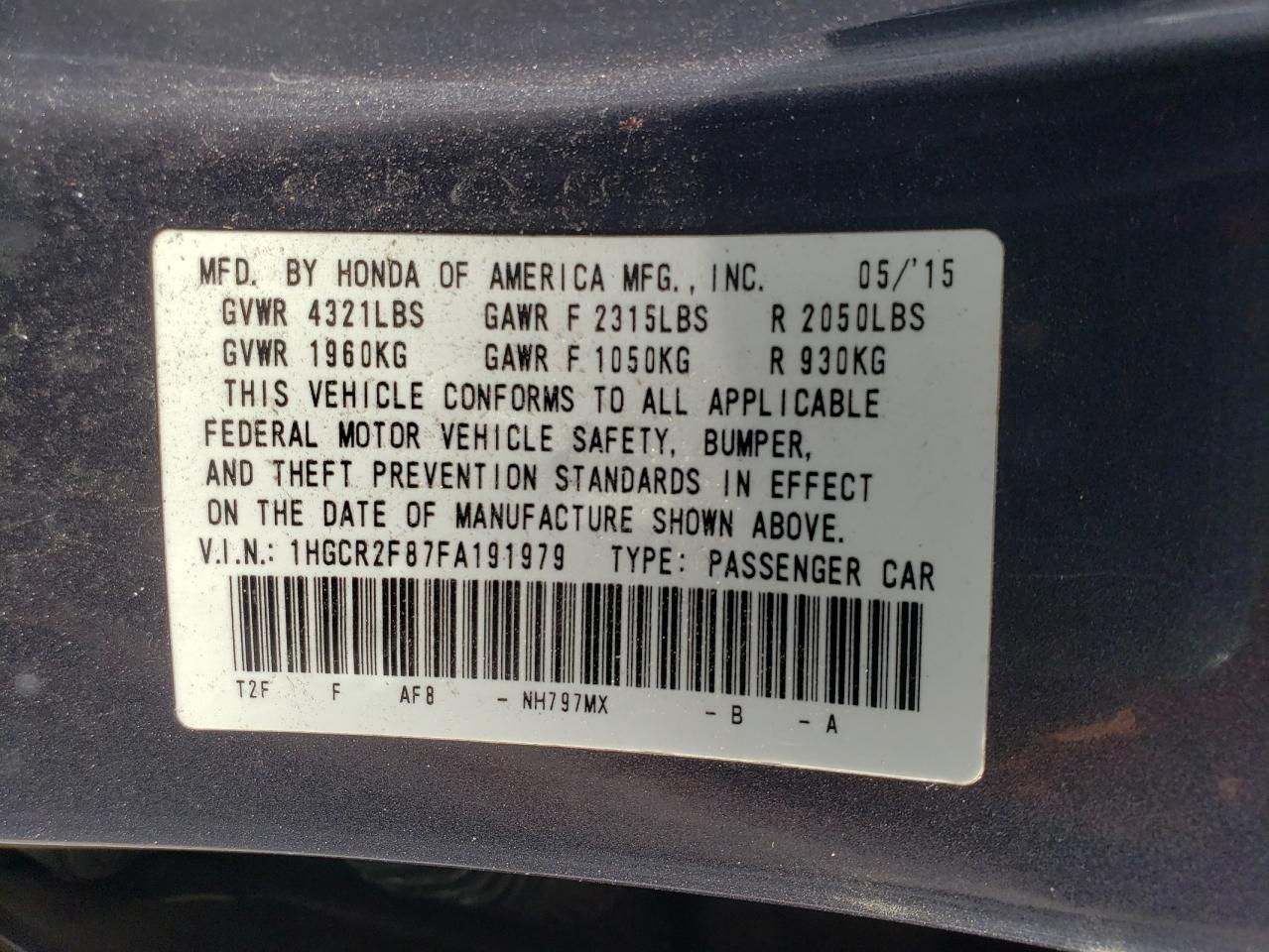 Photo 10 from auction – 2015 HONDA ACCORD EXL with VIN 1HGCR2F87FA191979