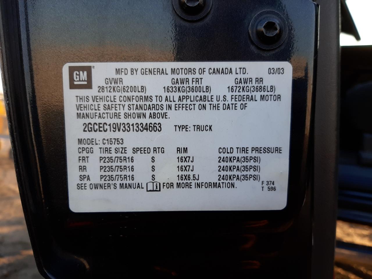 Photo 10 from auction – 2003 CHEVROLET SILVERADO with VIN 2GCEC19V331334663