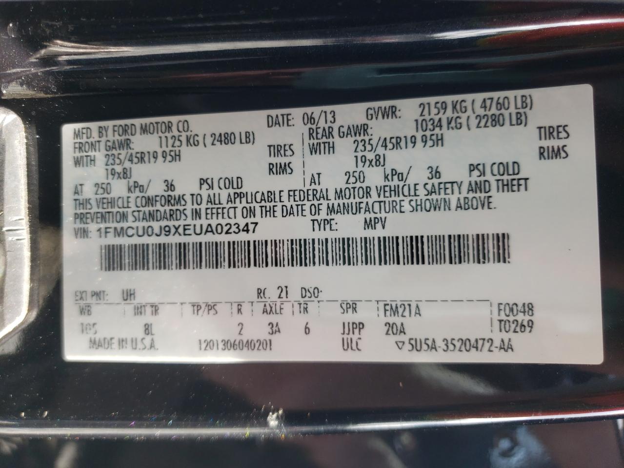 Photo 10 from auction – 2014 FORD ESCAPE TIT with VIN 1FMCU0J9XEUA02347