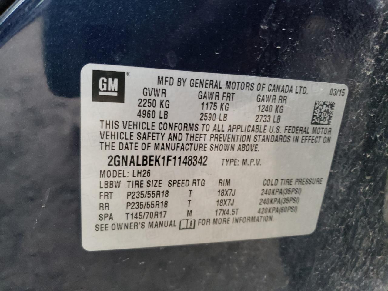 Photo 10 from auction – 2015 CHEVROLET EQUINOX LT with VIN 2GNALBEK1F1148342