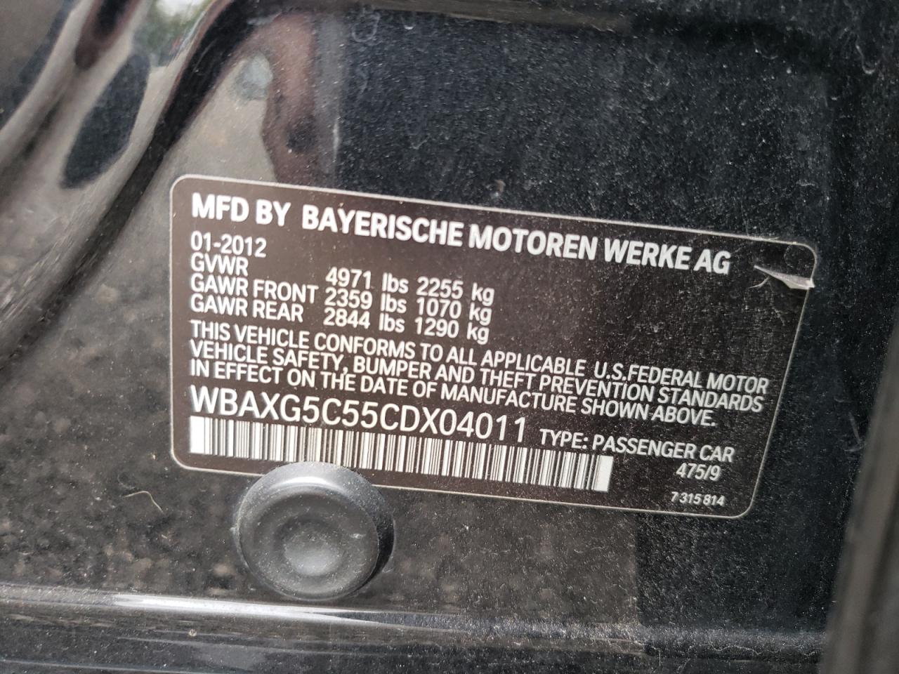 Photo 10 from auction – 2012 BMW 528 I with VIN WBAXG5C55CDX04011