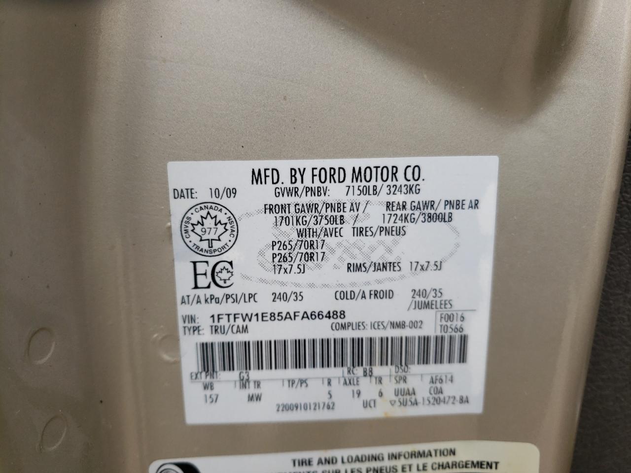 Photo 10 from auction – 2010 FORD F150 SUPER with VIN 1FTFW1E85AFA66488