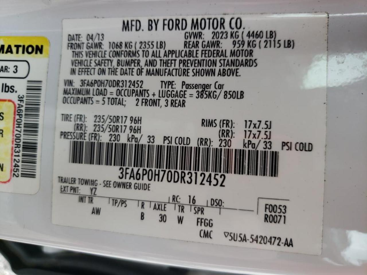 Photo 10 from auction – 2013 FORD FUSION SE with VIN 3FA6P0H70DR312452