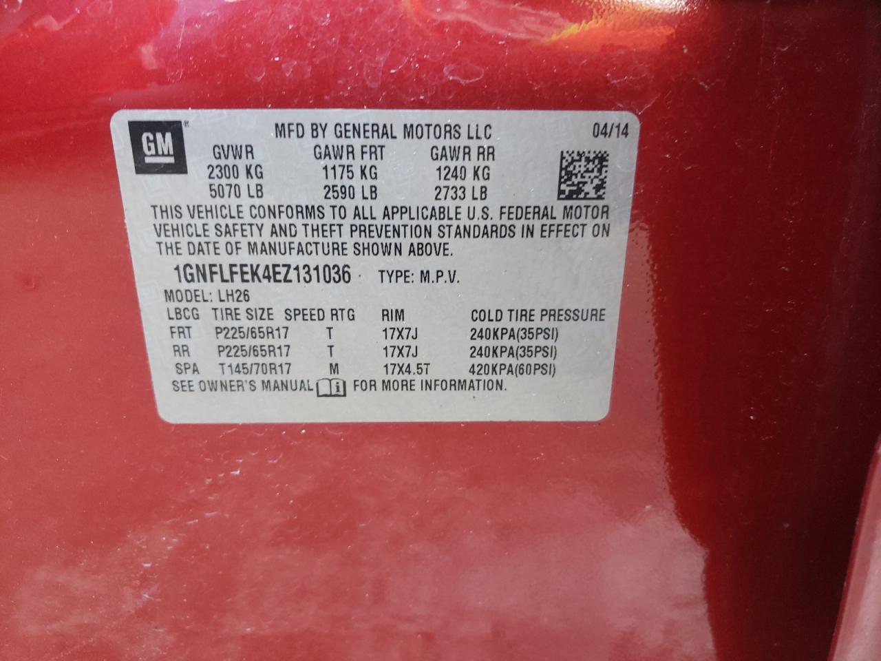 Photo 10 from auction – 2014 CHEVROLET EQUINOX LT with VIN 1GNFLFEK4EZ131036