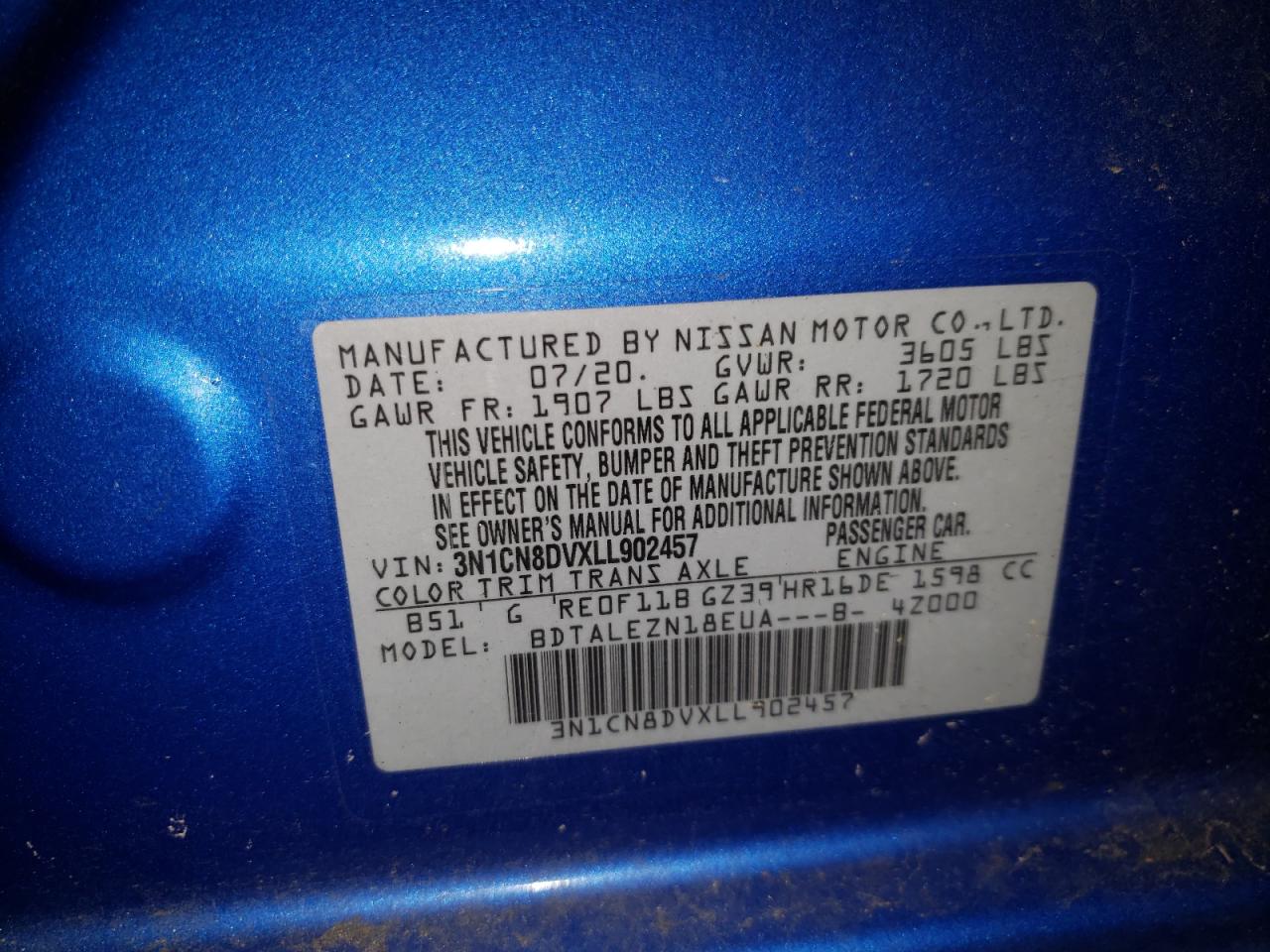 Photo 10 from auction – 2020 NISSAN VERSA S with VIN 3N1CN8DVXLL902457