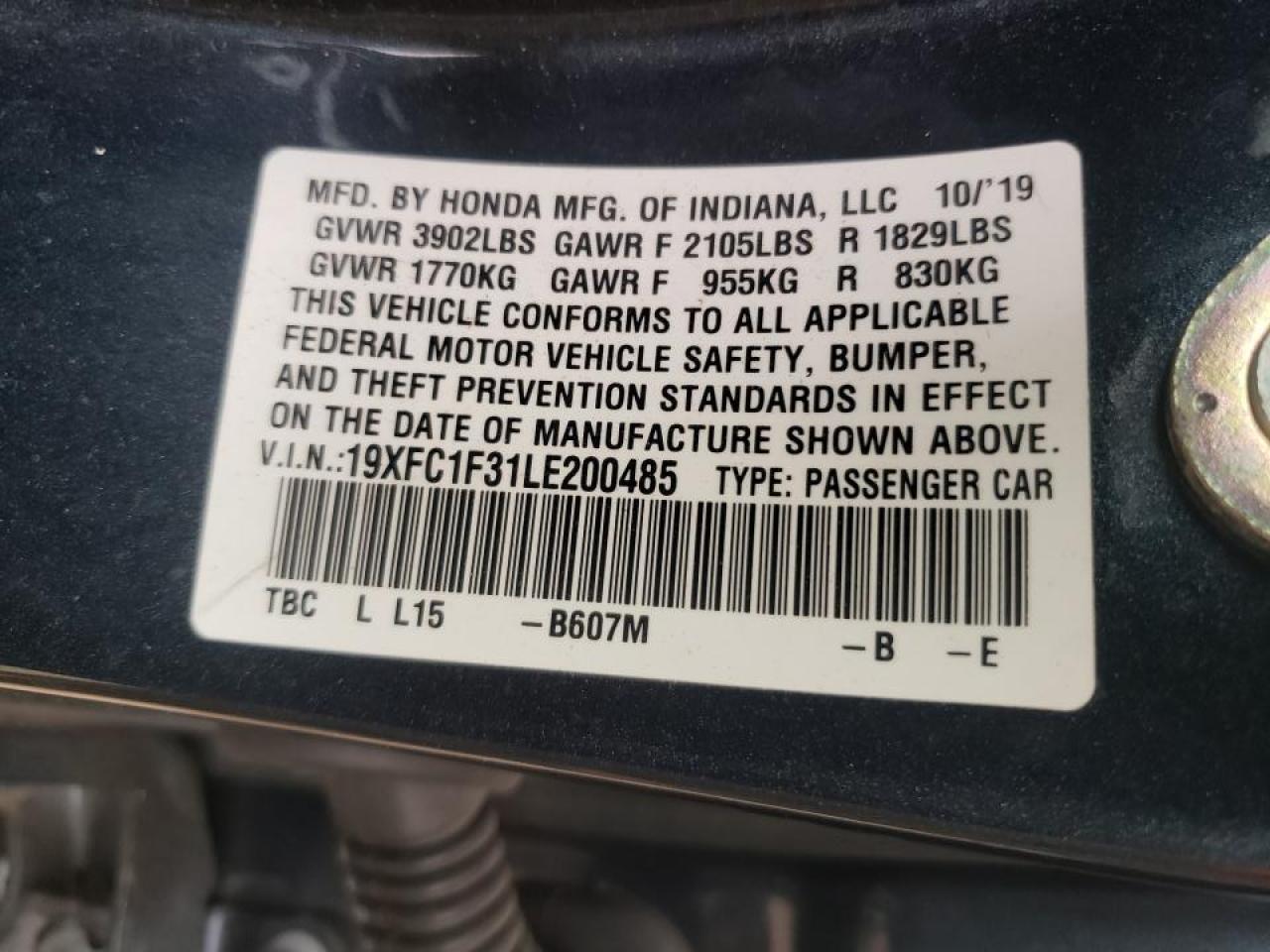 Photo 10 from auction – 2020 HONDA CIVIC EX with VIN 19XFC1F31LE200485