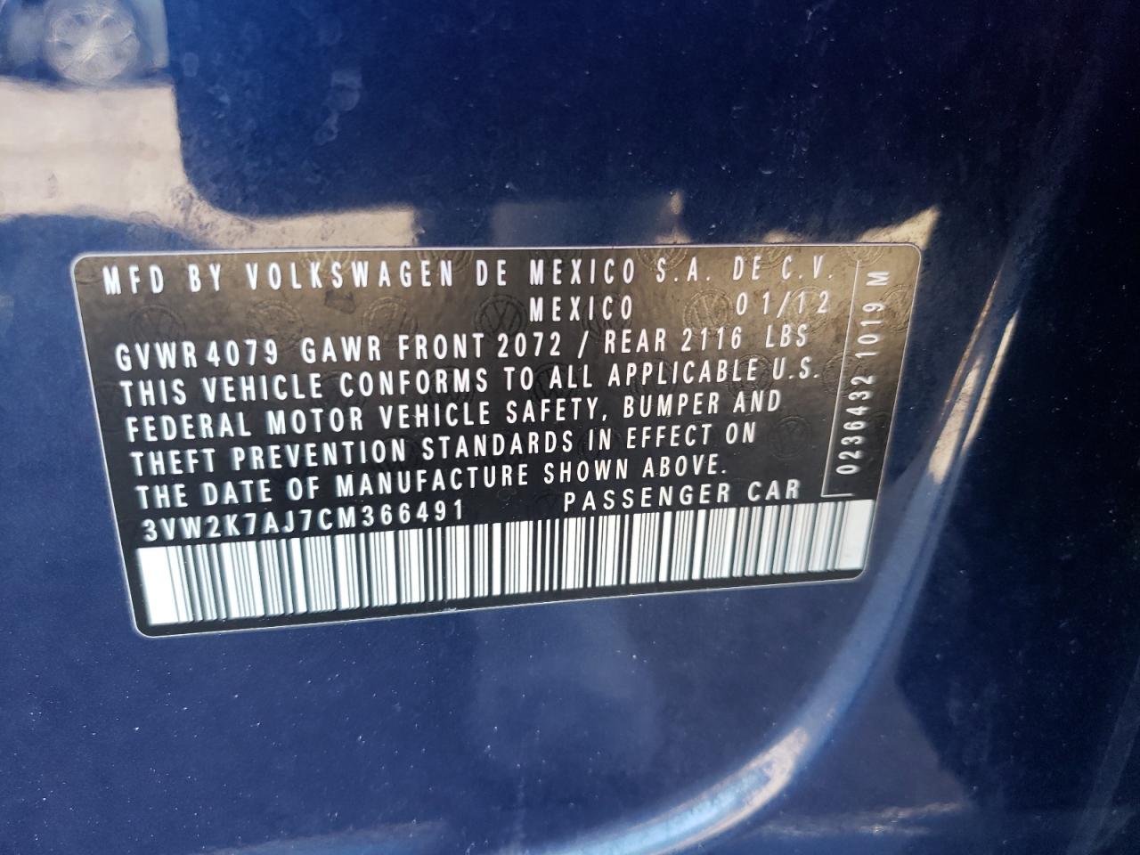 Photo 10 from auction – 2012 VOLKSWAGEN JETTA BASE with VIN 3VW2K7AJ7CM366491