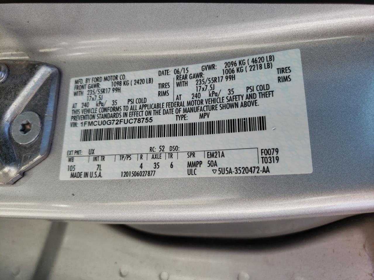 صورة رقم 10 من المزاد - 2015 FORD ESCAPE SE مع VIN 1FMCU0G72FUC78755