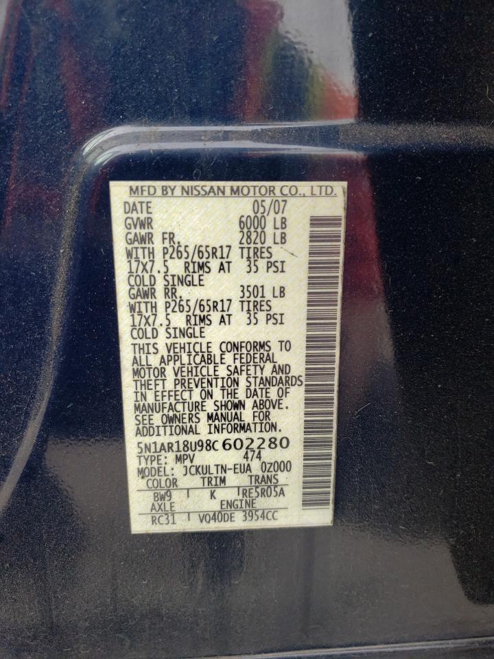 Photo 10 from auction – 2008 NISSAN PATHFINDER with VIN 5N1AR18U98C602280