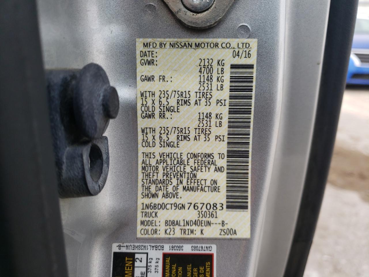 Photo 10 from auction – 2016 NISSAN FRONTIER S with VIN 1N6BD0CT9GN767083