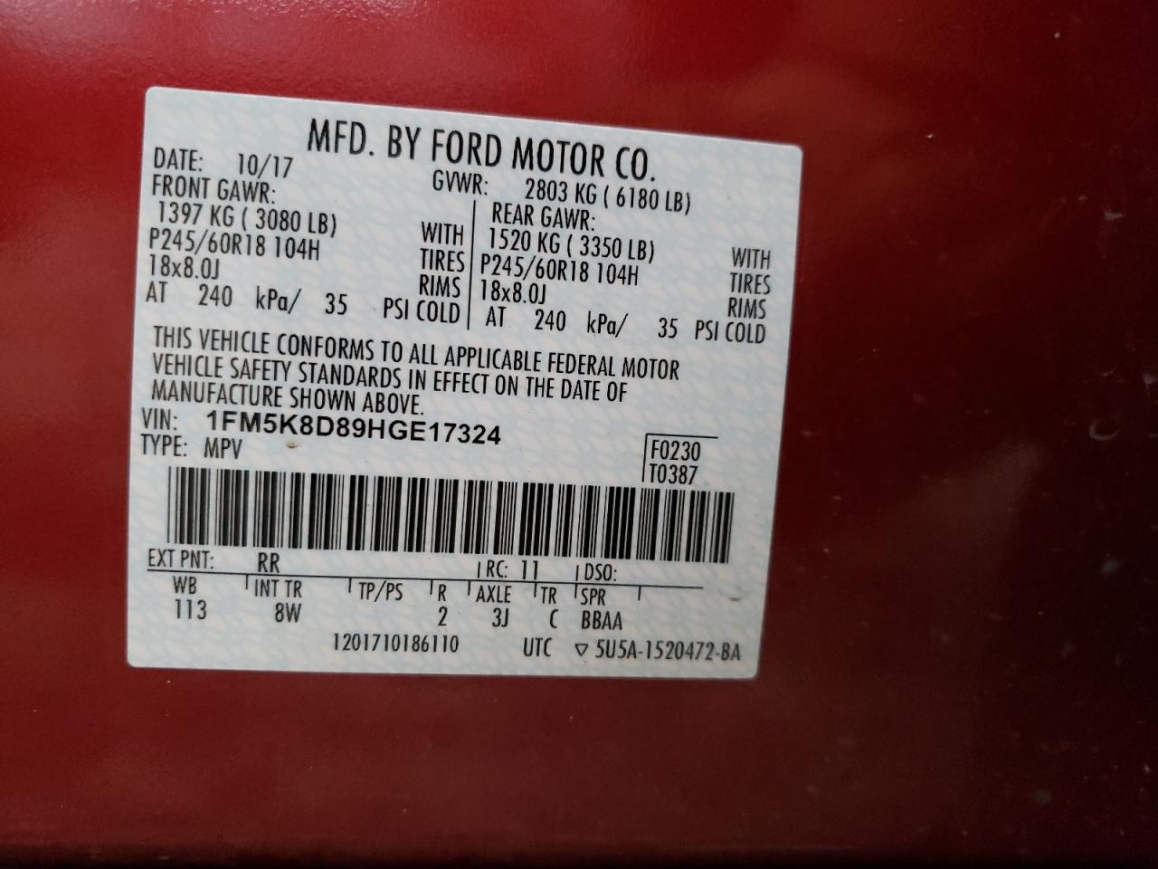 Photo 10 from auction – 2017 FORD EXPLORER X with VIN 1FM5K8D89HGE17324