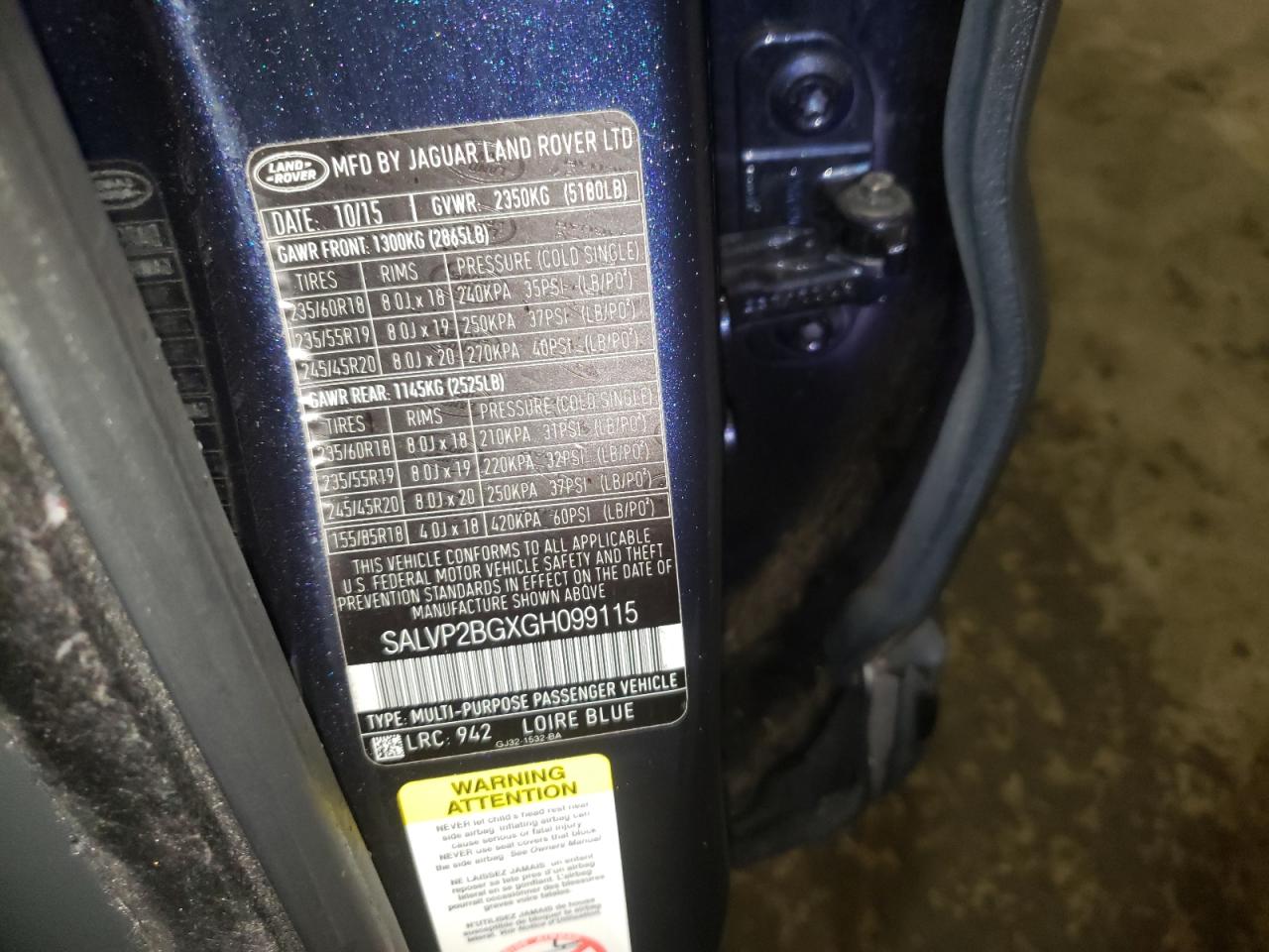Photo 10 from auction – 2016 LAND ROVER RANGE ROVE with VIN SALVP2BGXGH099115