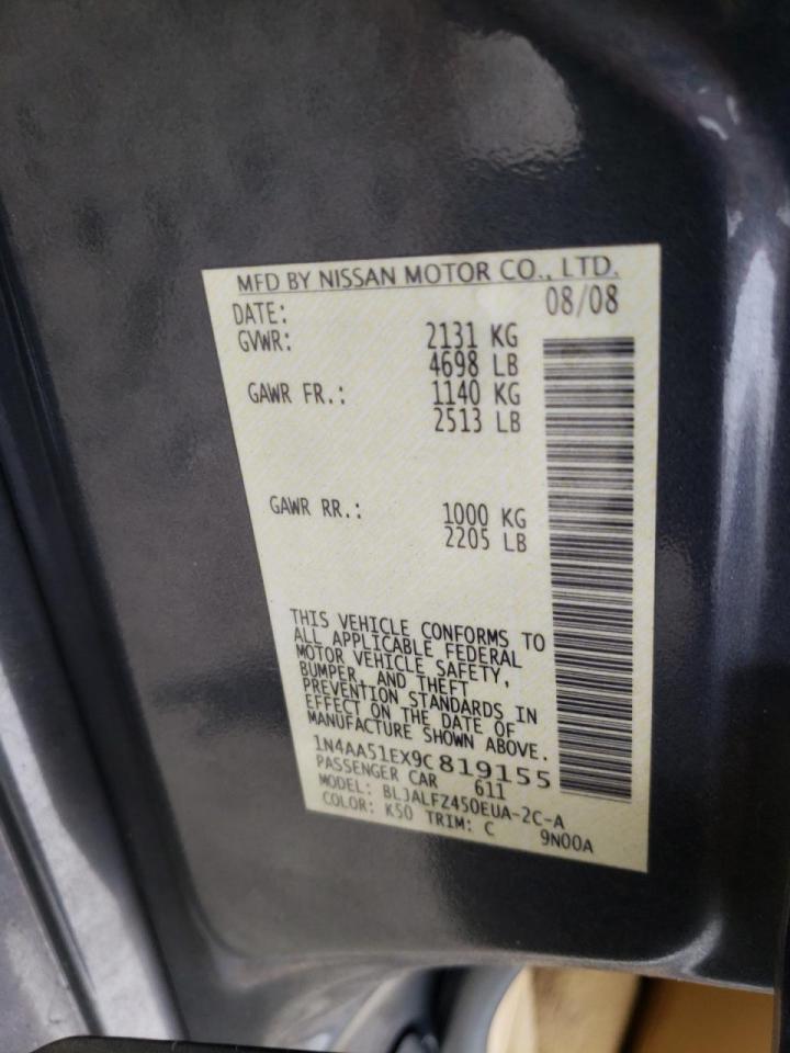 Photo 10 from auction – 2009 NISSAN MAXIMA S with VIN 1N4AA51EX9C819155
