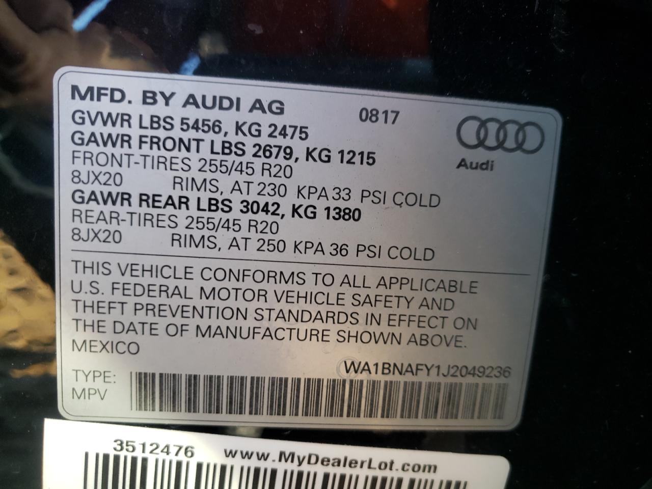 Photo 10 from auction – 2018 AUDI Q5 PREMIUM with VIN WA1BNAFY1J2049236