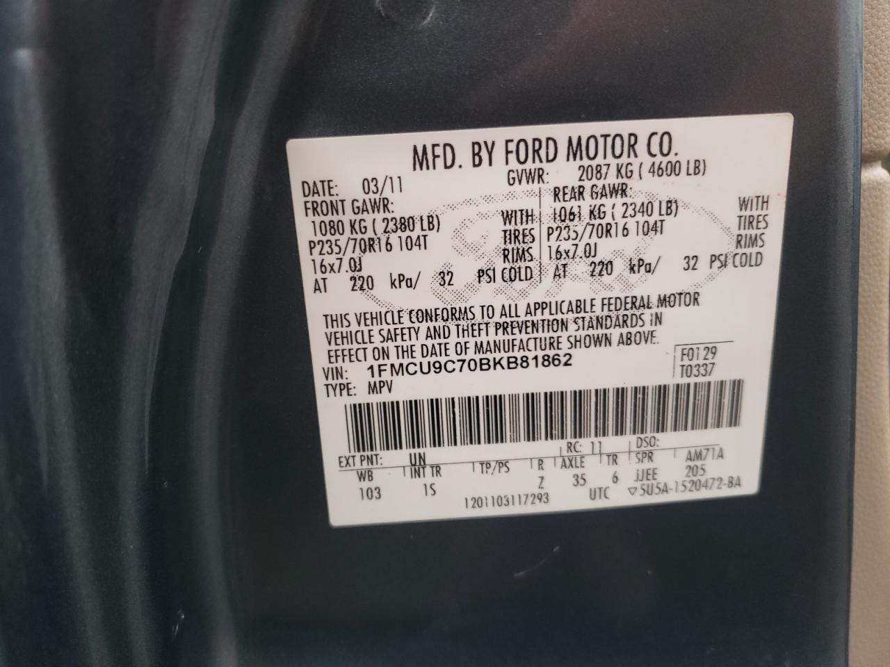 Photo 10 from auction – 2011 FORD ESCAPE XLS with VIN 1FMCU9C70BKB81862