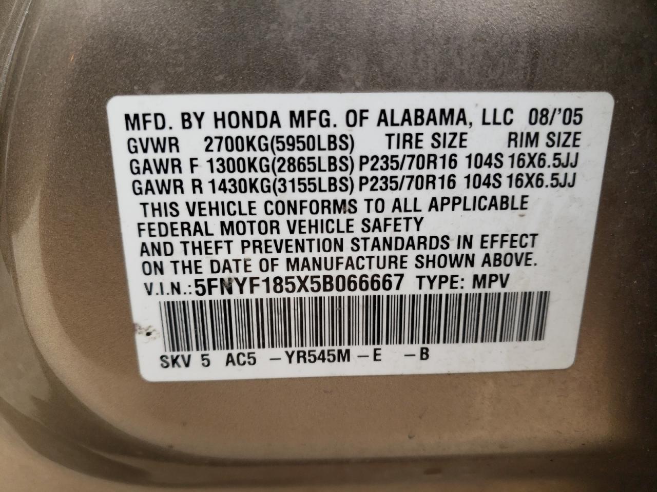 Photo 10 from auction – 2005 HONDA PILOT EXL with VIN 5FNYF185X5B066667