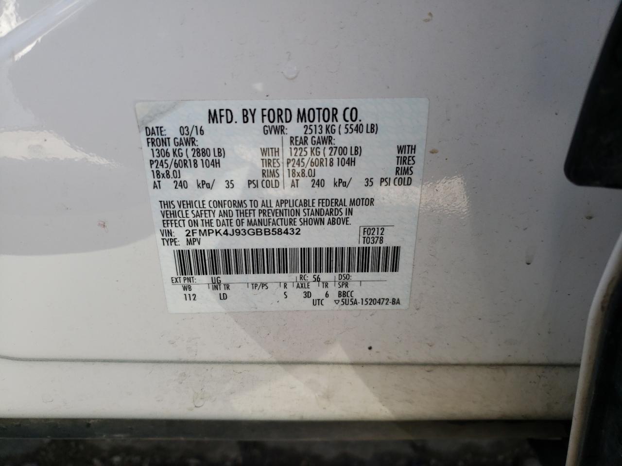 Photo 10 from auction – 2016 FORD EDGE SEL with VIN 2FMPK4J93GBB58432