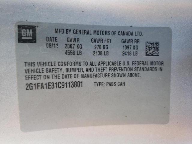 Photo 10 from auction – 2012 CHEVROLET CAMARO LS with VIN 2G1FA1E31C9113801