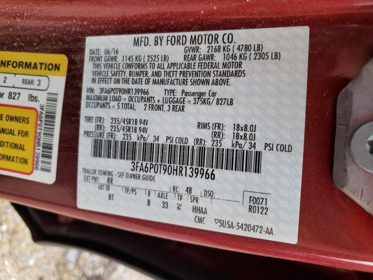 Photo 10 from auction – 2017 FORD FUSION SE with VIN 3FA6P0T90HR139966