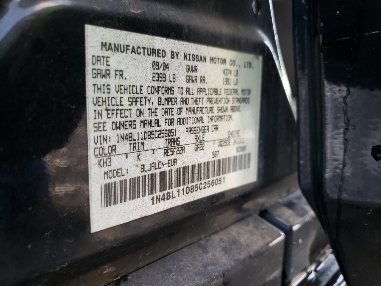 Photo 10 from auction – 2005 NISSAN ALTIMA SE with VIN 1N4BL11D85C256051