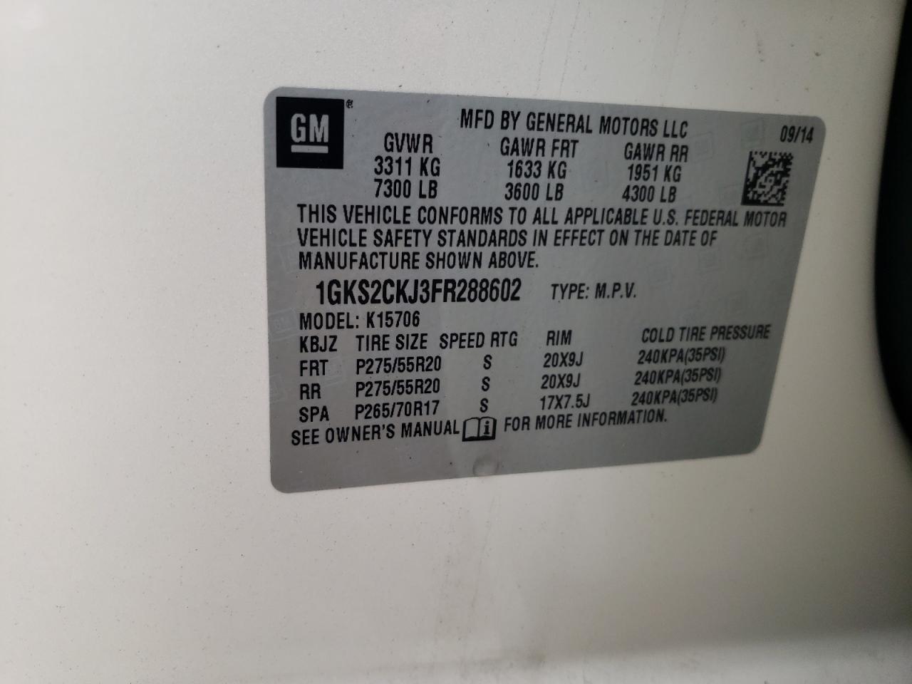 Photo 10 from auction – 2015 GMC YUKON DENA with VIN 1GKS2CKJ3FR288602