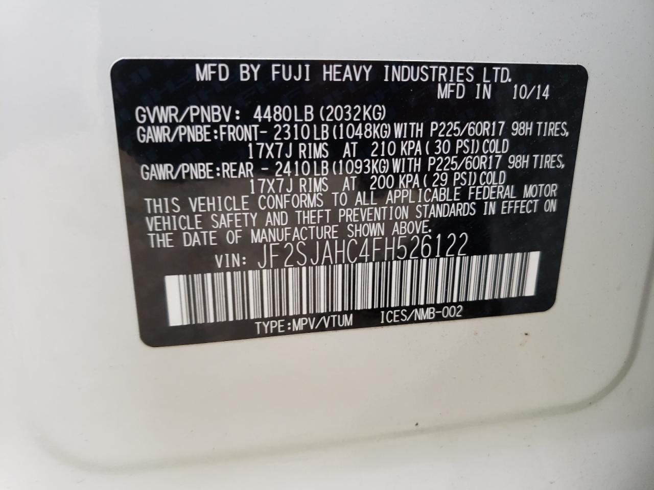 Photo 10 from auction – 2015 SUBARU FORESTER 2 with VIN JF2SJAHC4FH526122