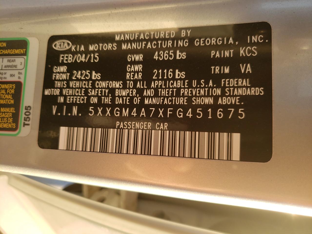 Photo 10 from auction – 2015 KIA OPTIMA LX with VIN 5XXGM4A7XFG451675